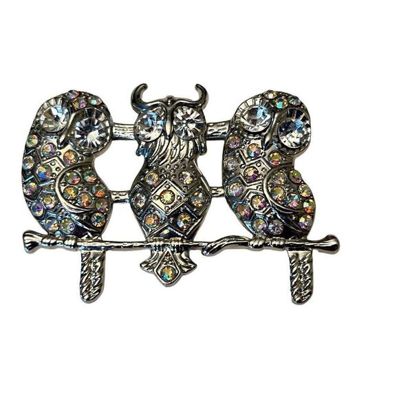 Silver Horned Owl on Branch Brooch Trio of Owls Crystals Rhinestone Eyes Costume - Picture 3 of 5